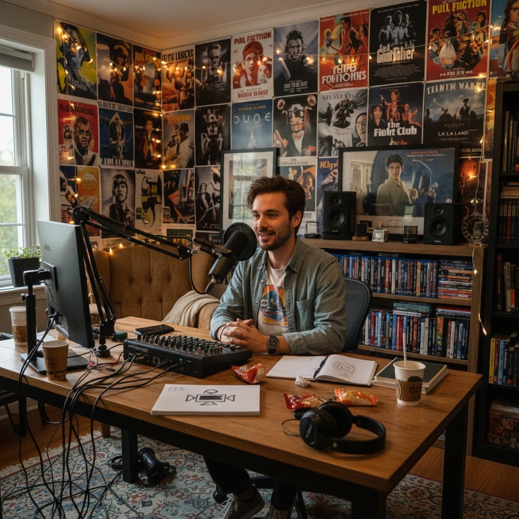 Dynamic photo of a young journalist recording a podcast in a home studio with film posters