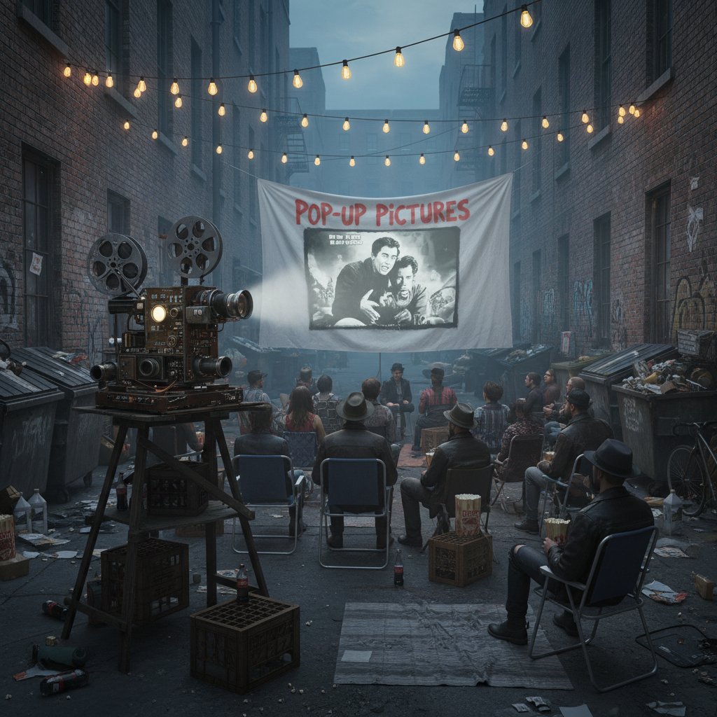 DIY pop-up retro film screening in an urban alley, audience seated on mismatched chairs