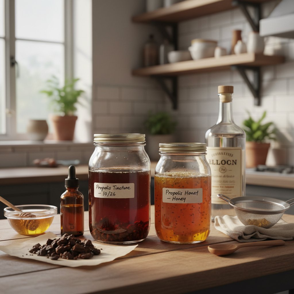 Stół z domowymi słoikami, w których przygotowywane są nalewki i maści z propolisu