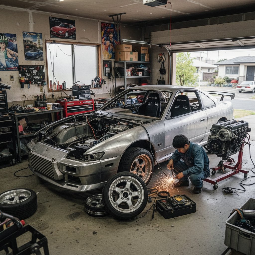 DIY sports car maintenance in home garage, young owner with 90s Japanese sports car