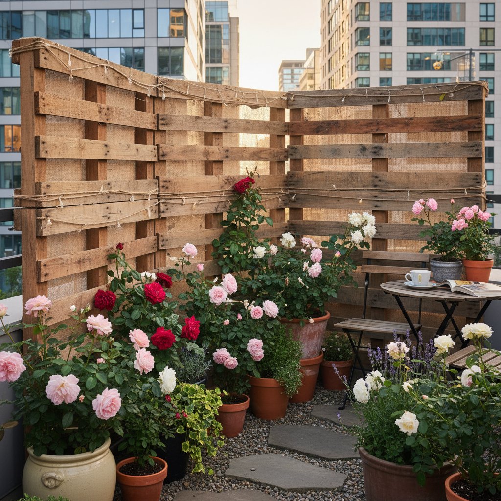 Parawan ochraniający róże na miejskim balkonie