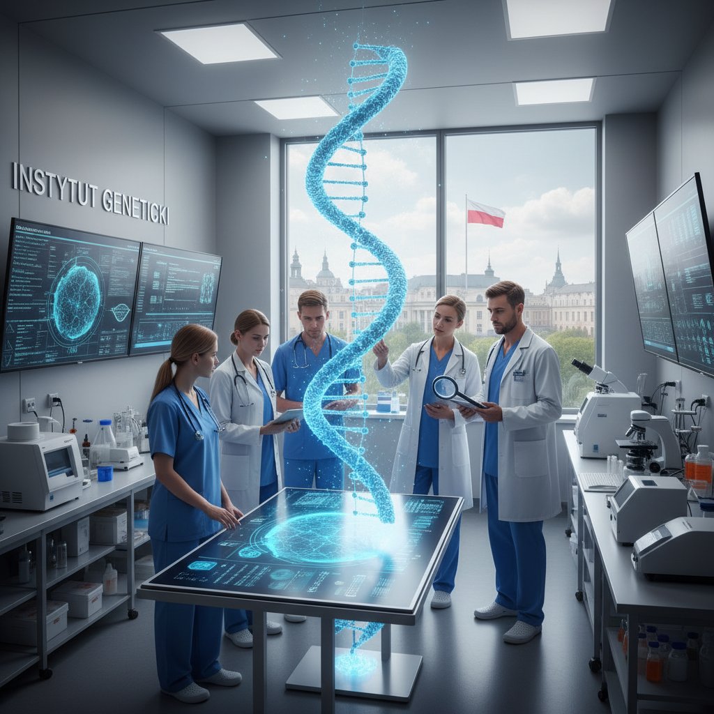 Zbliżenie na model DNA i medyczny zespół analizujący wyniki genetyczne, szpital w Polsce, nowoczesna technologia