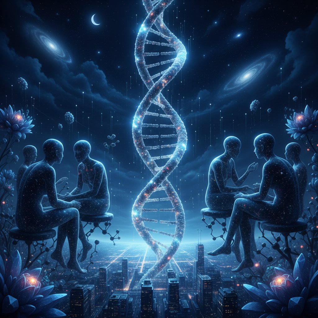 Projekcja helisy DNA podczas nocnej rozmowy – symbol badań genetycznych i emocji z nimi związanych