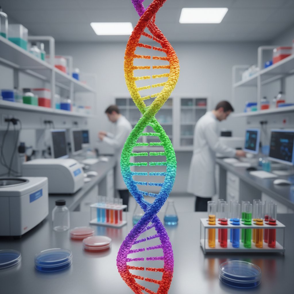 DNA z tęczowymi kolorami na tle laboratorium, symbolizujące biologiczne podłoże orientacji seksualnej