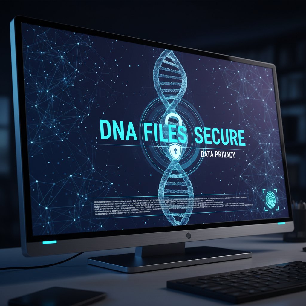 Zbliżenie na zabezpieczone pliki DNA na ekranie komputera, bezpieczeństwo genetyczne