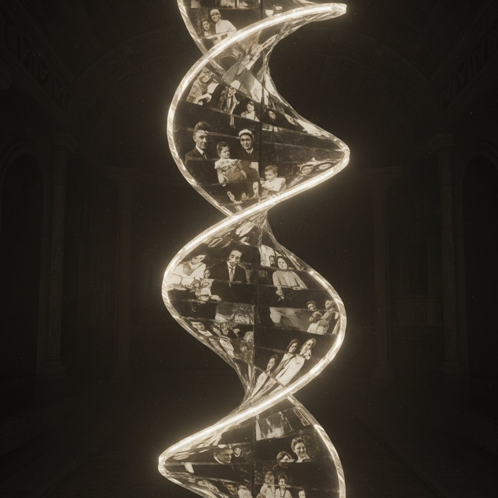 Helisa DNA spleciona z portretami rodzinnymi – symbol dziedziczenia