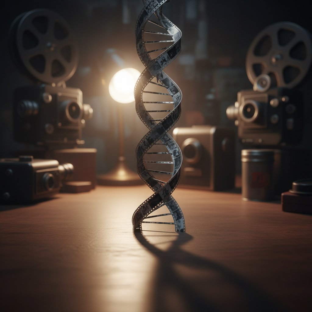 DNA strand morphing out of film reel, symbolizing the fusion of science and storytelling.
