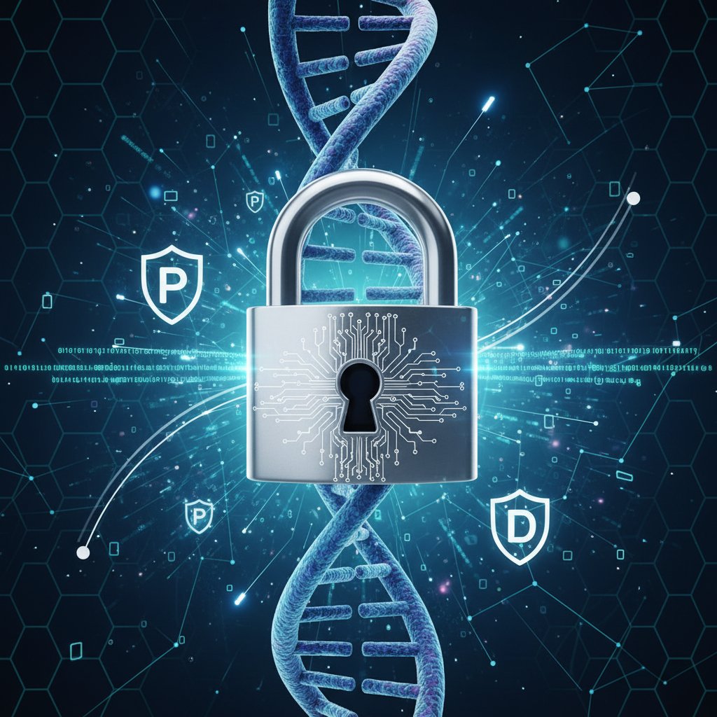 Symboliczny obraz DNA z kłódką – prywatność danych genetycznych