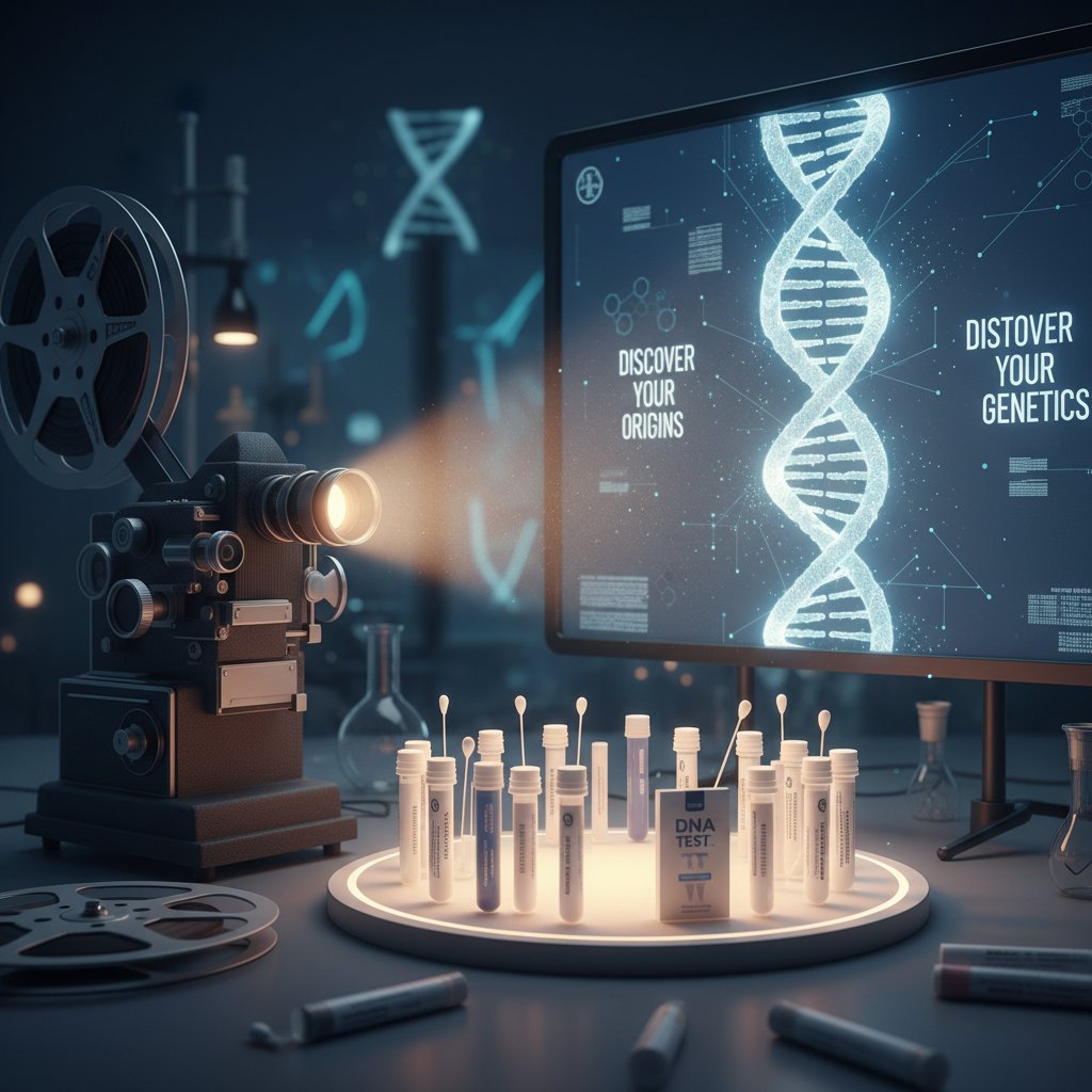 DNA test kits and film projector symbolize the intersection of ancestry and cinema.