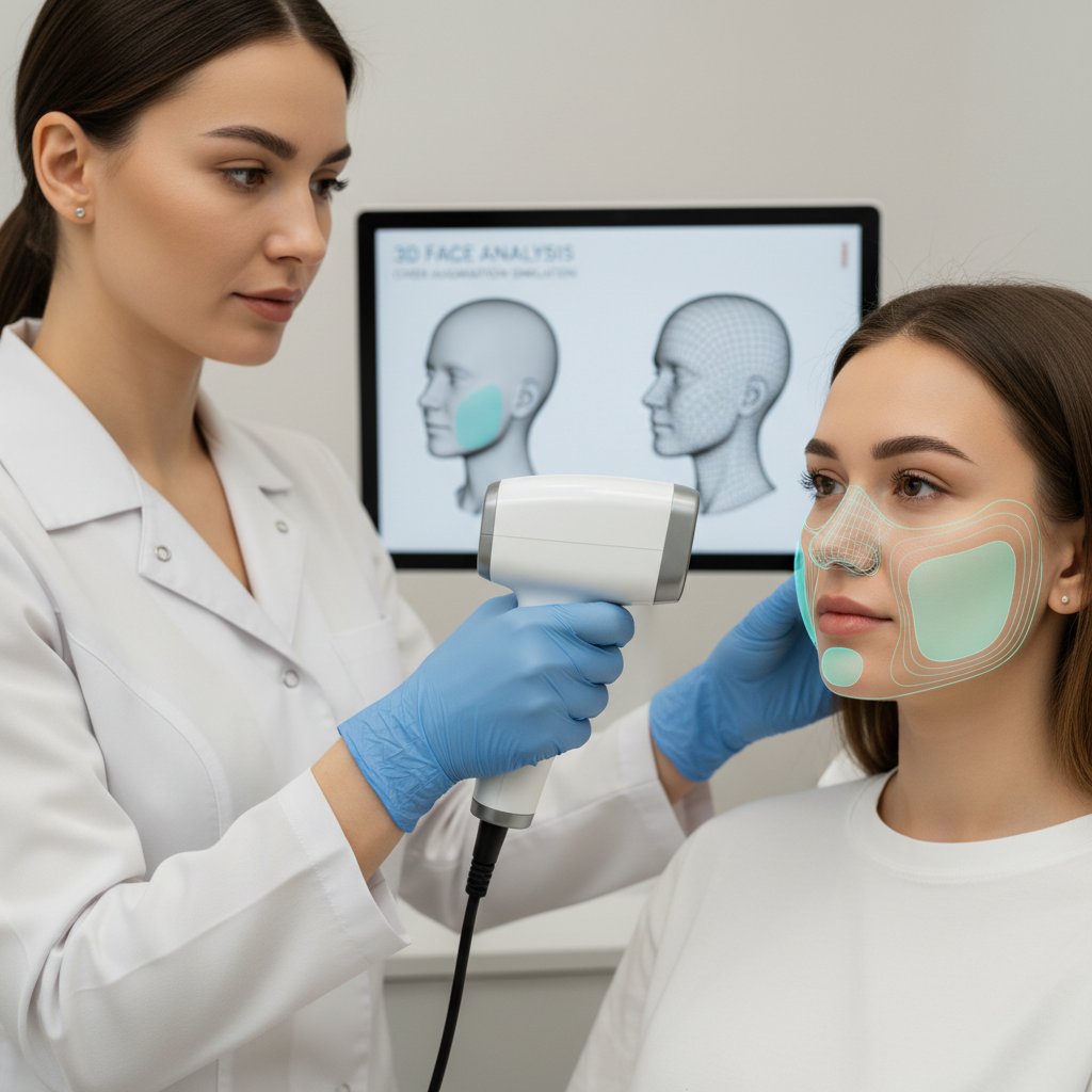 Lekarz korzystający z technologii 3D do analizy twarzy pacjenta przed zabiegiem