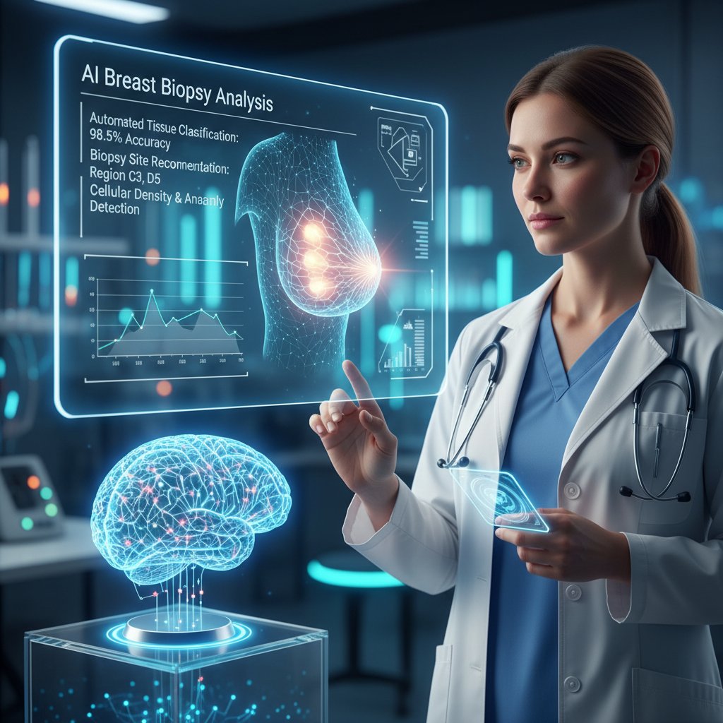 Lekarz analizujący wyniki biopsji piersi na ekranie komputera z wykorzystaniem AI