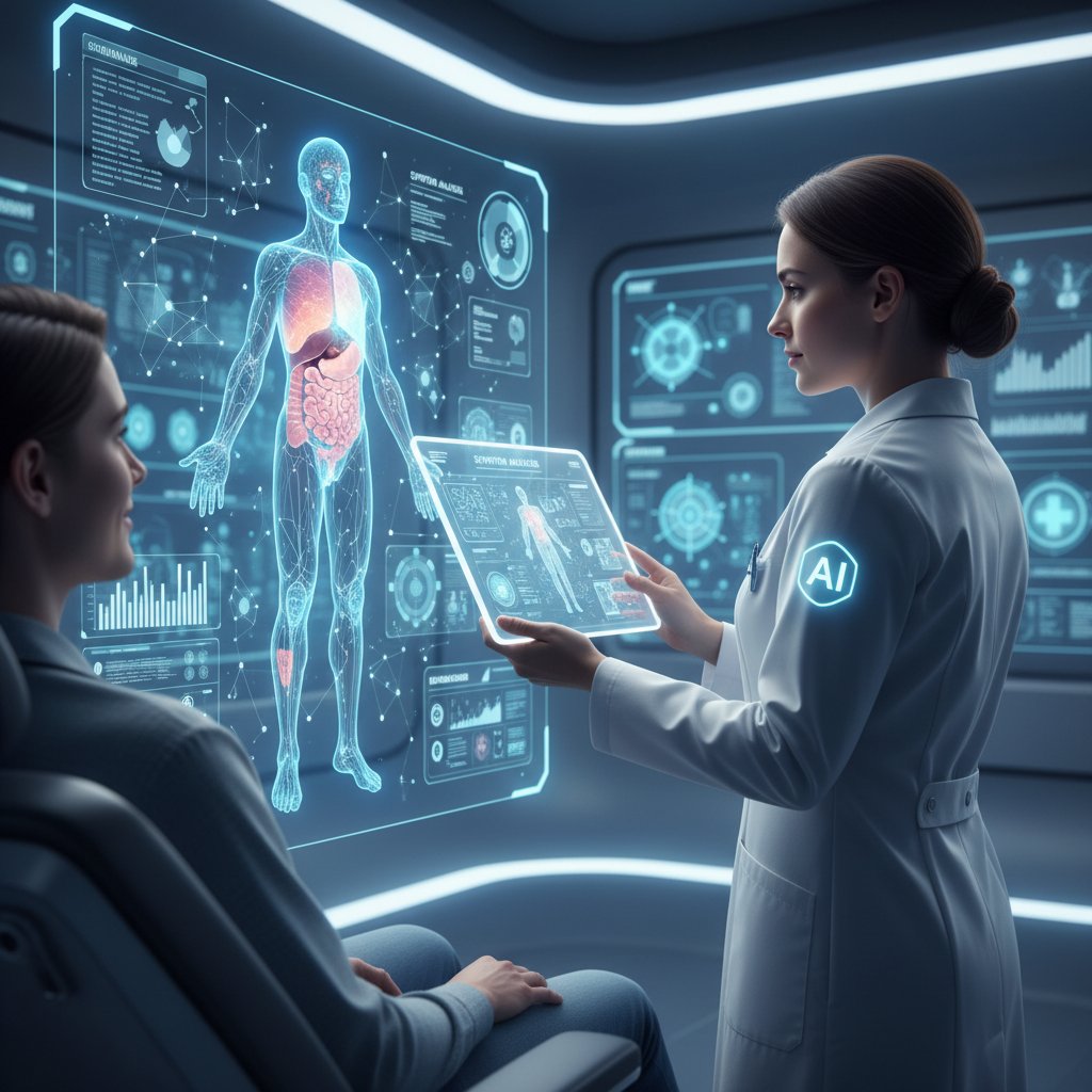 Lekarz i AI analizujący objawy na ekranie, jasne światło, symbol cyfrowej medycyny