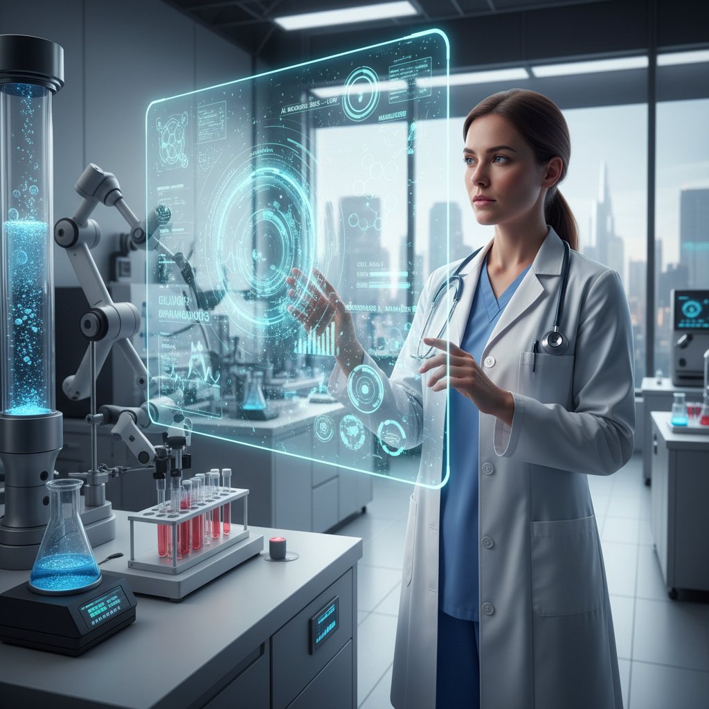 Lekarz analizujący wyniki badań krwi przy użyciu nowoczesnego systemu AI w laboratorium