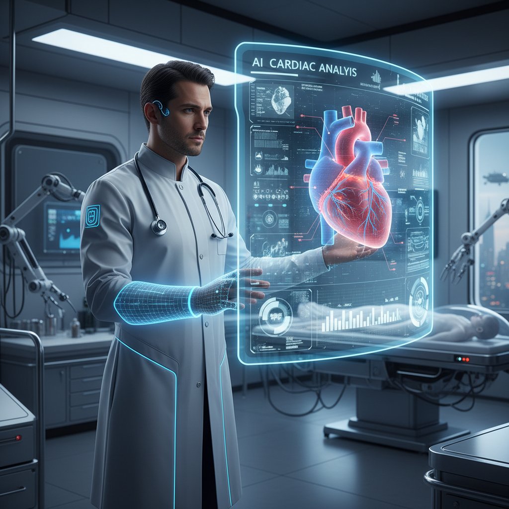 Lekarz analizujący dane serca na monitorze, wsparcie AI, nowoczesna technologia w tle, atmosfera innowacji