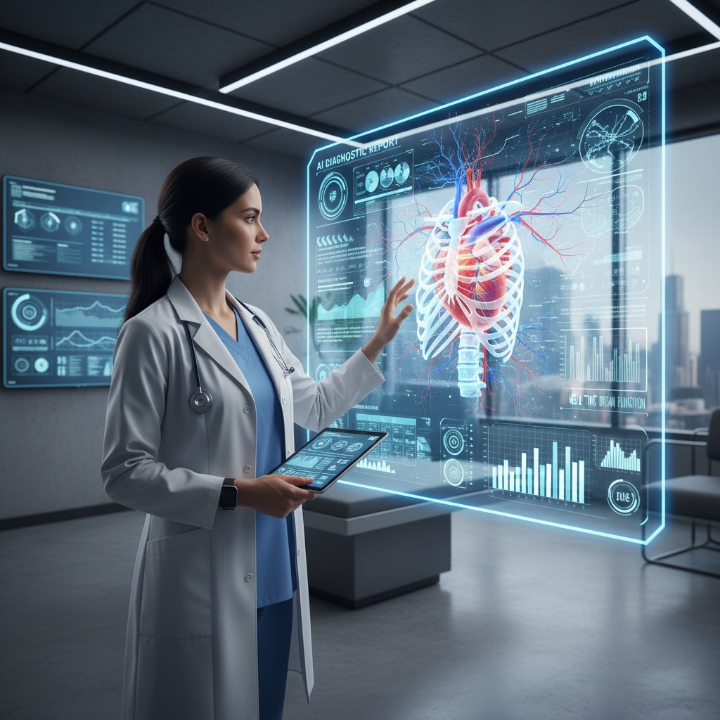 Lekarz analizujący dane na ekranie z pomocą sztucznej inteligencji, kliniczne otoczenie