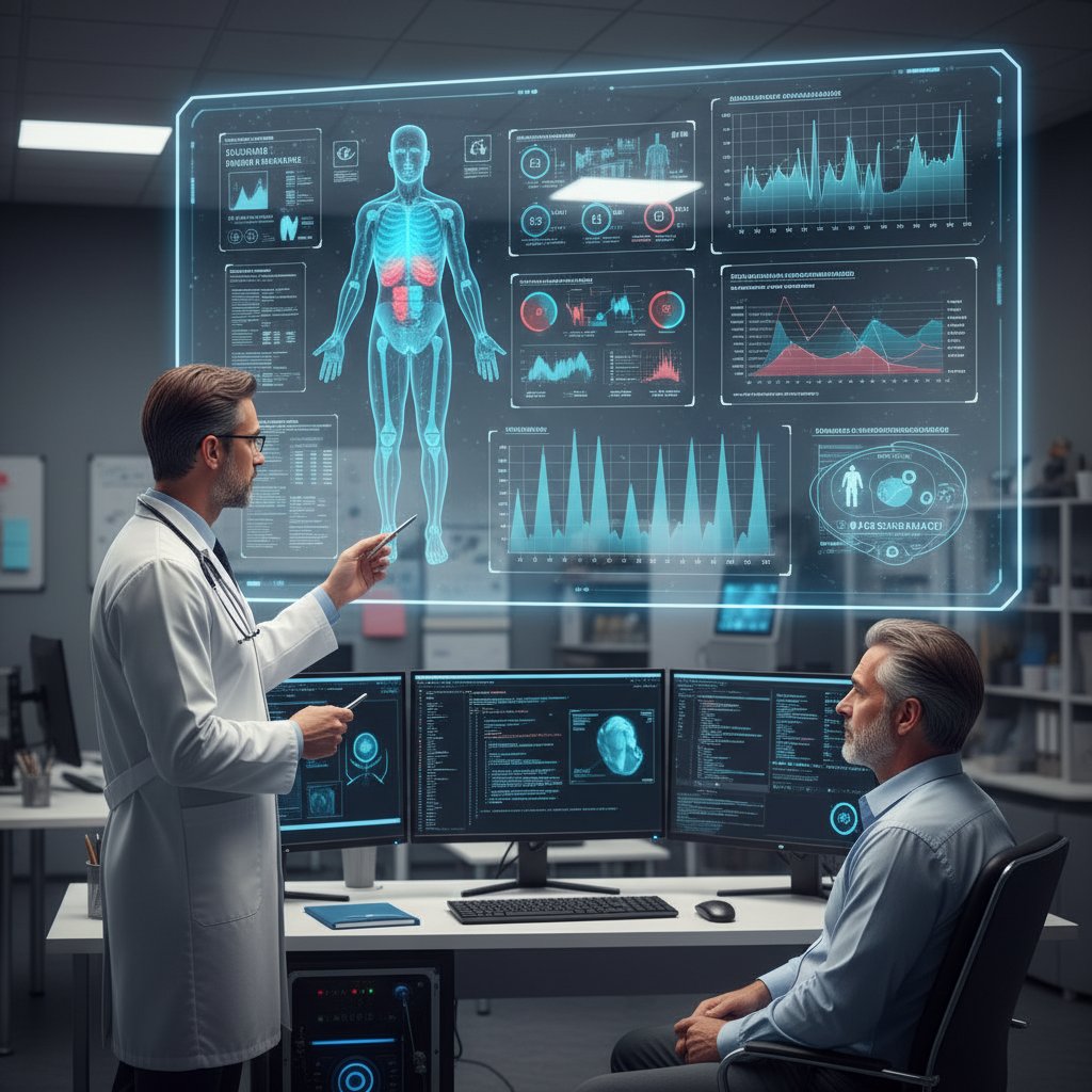 Lekarz analizuje dane z AI na ekranie podczas konsultacji z pacjentem