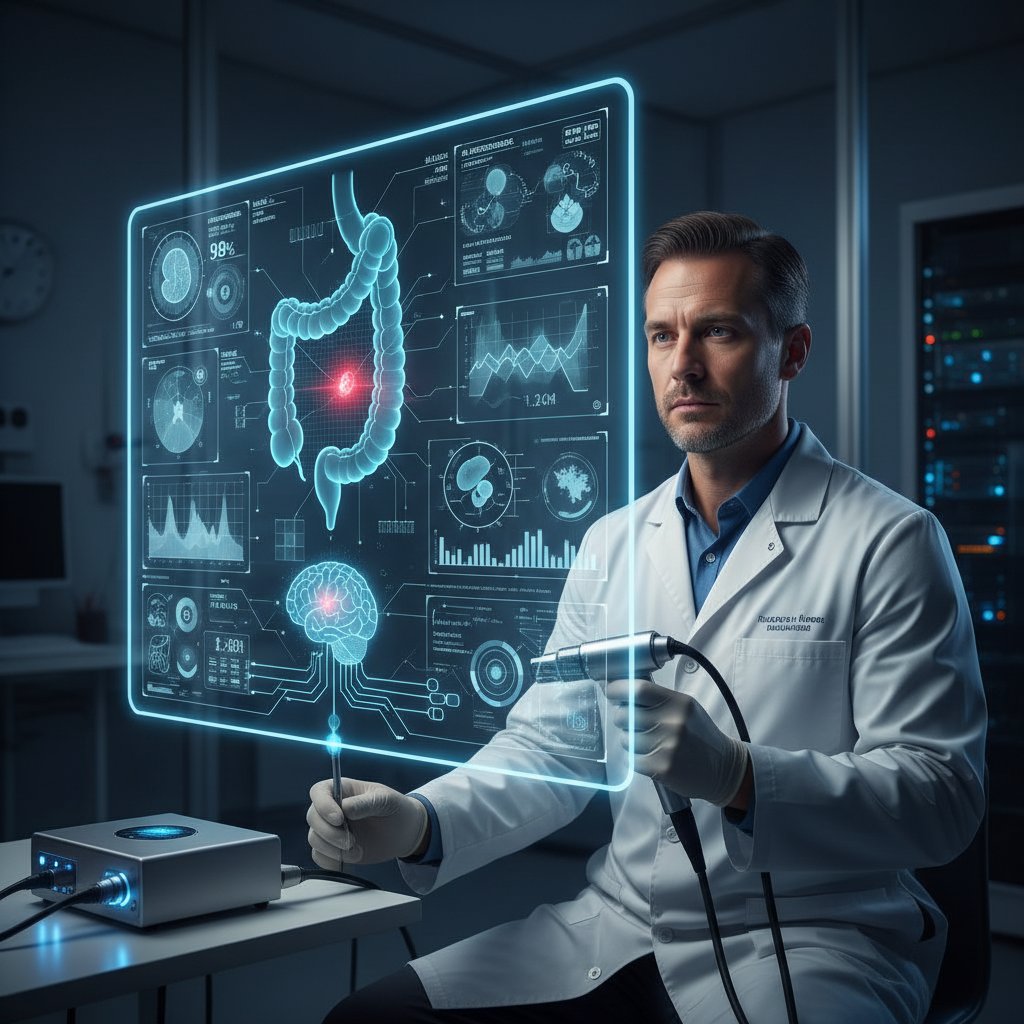 Lekarz korzystający z systemu AI do analizy obrazów endoskopowych na dużym ekranie