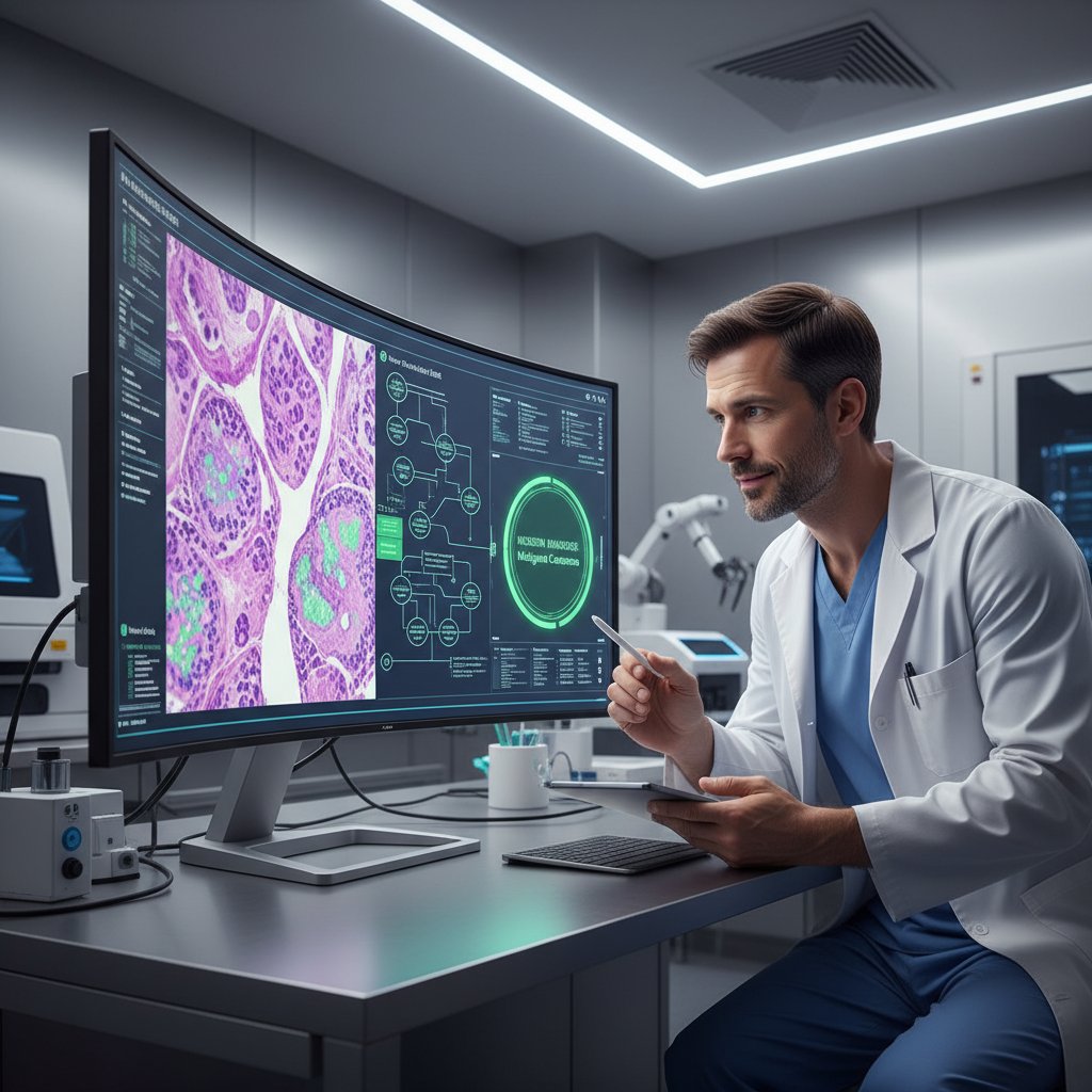 Lekarz analizujący obraz histopatologiczny na ekranie komputera z użyciem AI, technologia w nowoczesnej diagnostyce błony maziowej