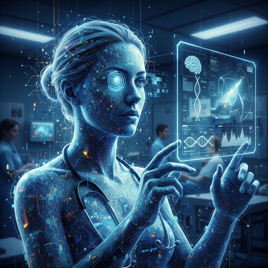 Lekarz i AI analizujący wyniki badań w szpitalu, z ekranu wyłania się abstrakcyjny portret