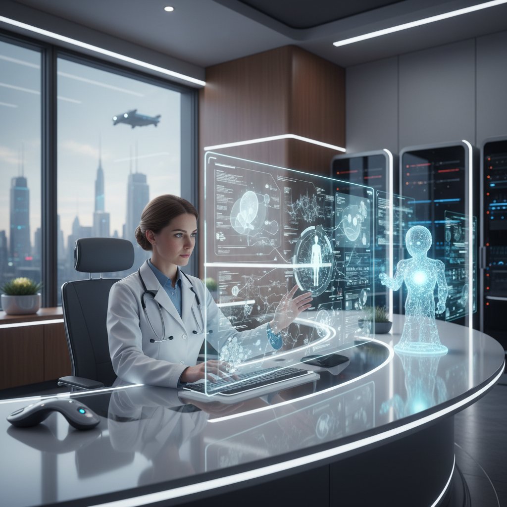 Lekarz korzysta z laptopa, AI asystuje przy analizie danych medycznych, nowoczesna sala