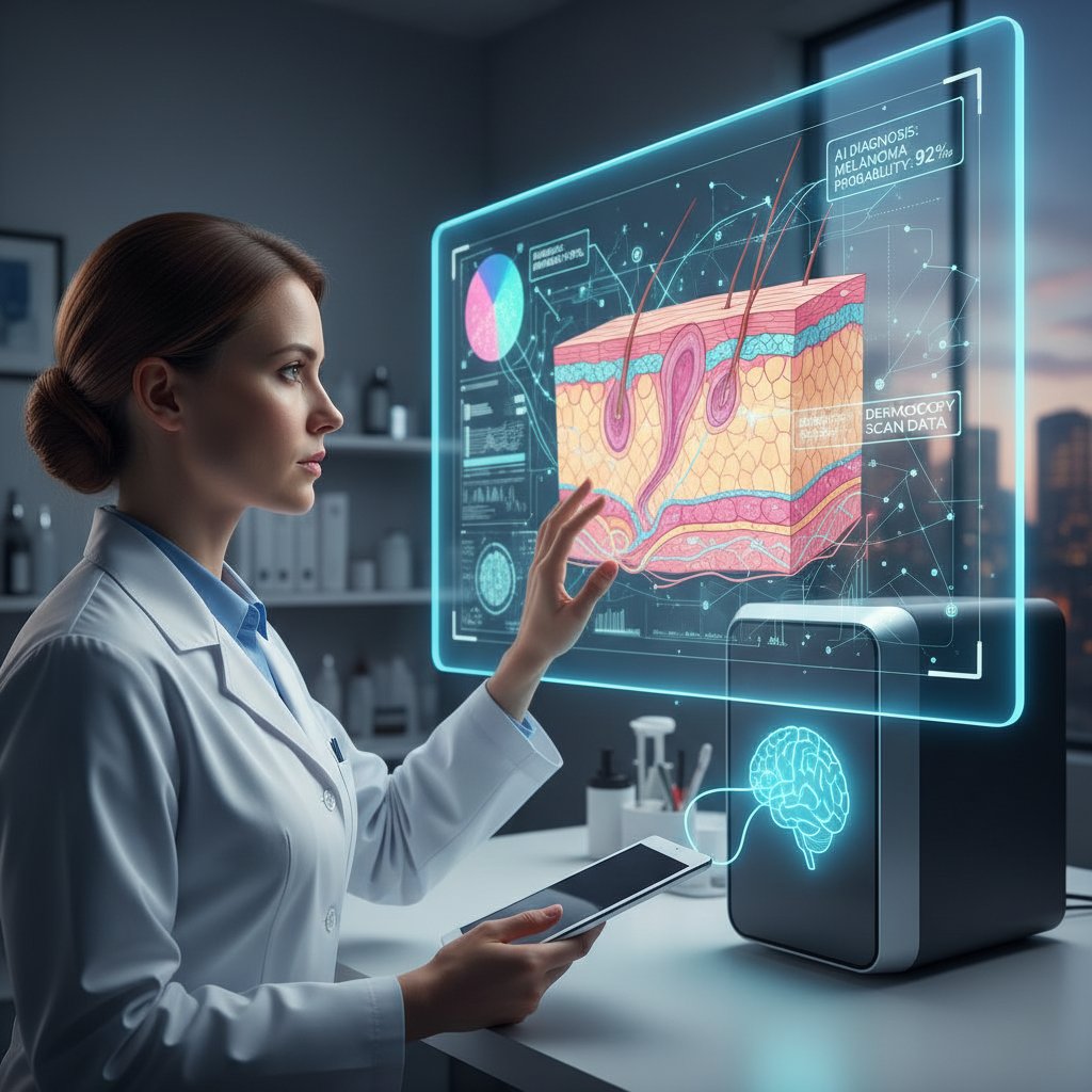 Zdjęcie lekarza analizującego zdjęcia skóry przy użyciu komputera z AI