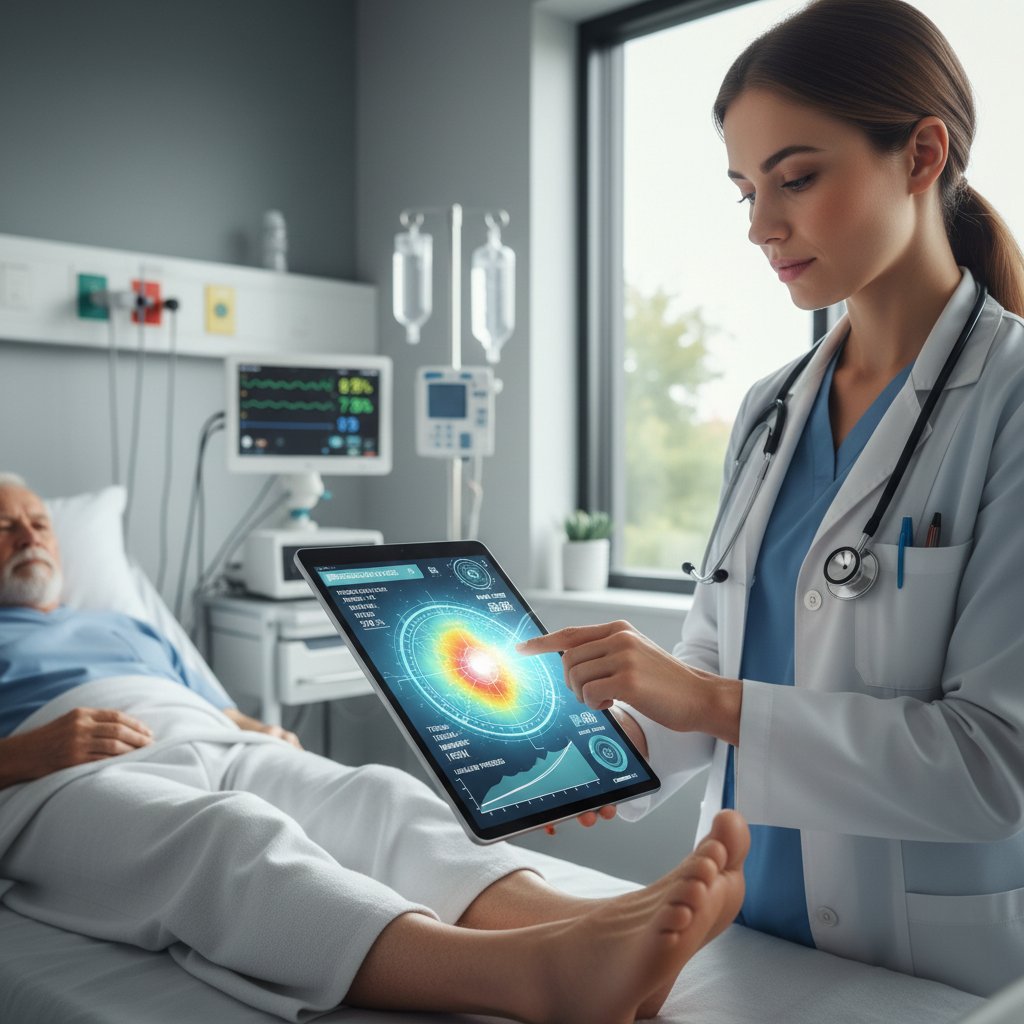 Lekarz korzystający z aplikacji AI do analizy rany odleżynowej u pacjenta