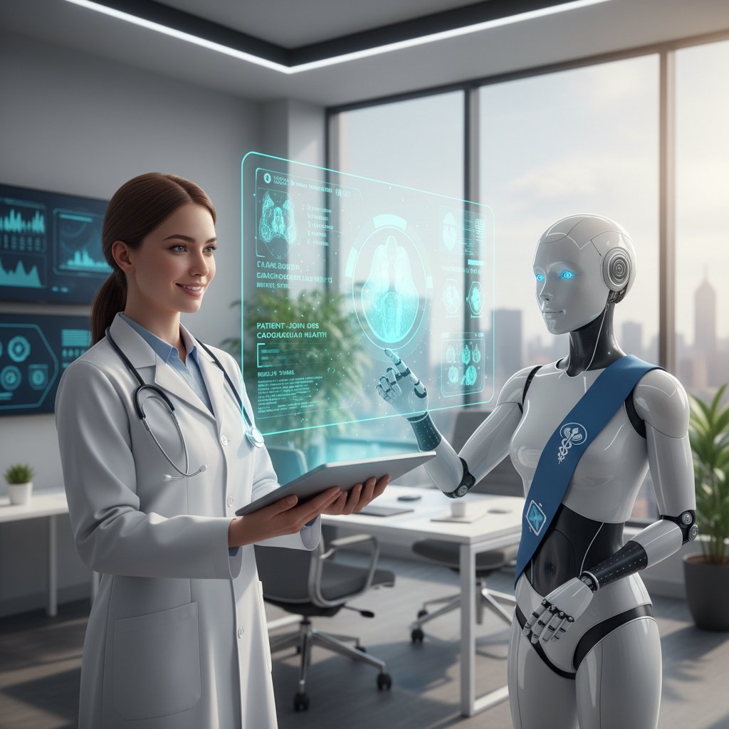 Lekarz i asystent AI analizują wyniki badań pacjenta, tablet i hologram danych medycznych, nowoczesny gabinet