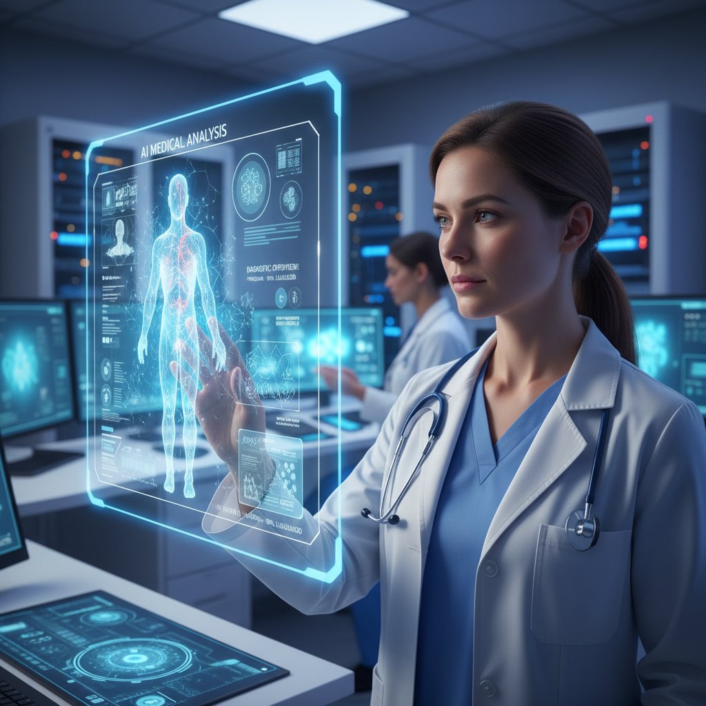 Lekarz analizujący wyniki badań na ekranie z wizualizacją AI w szpitalu