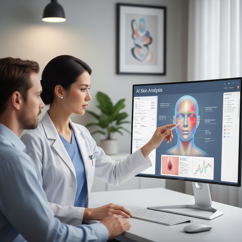 Nowoczesny gabinet medyczny, lekarz analizujący zdjęcie twarzy na ekranie z użyciem AI