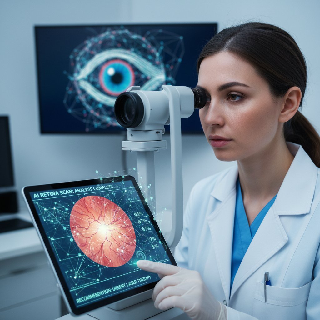 Nowoczesna technologia okulistyczna, lekarz korzystający z AI do analizy zdjęć siatkówki