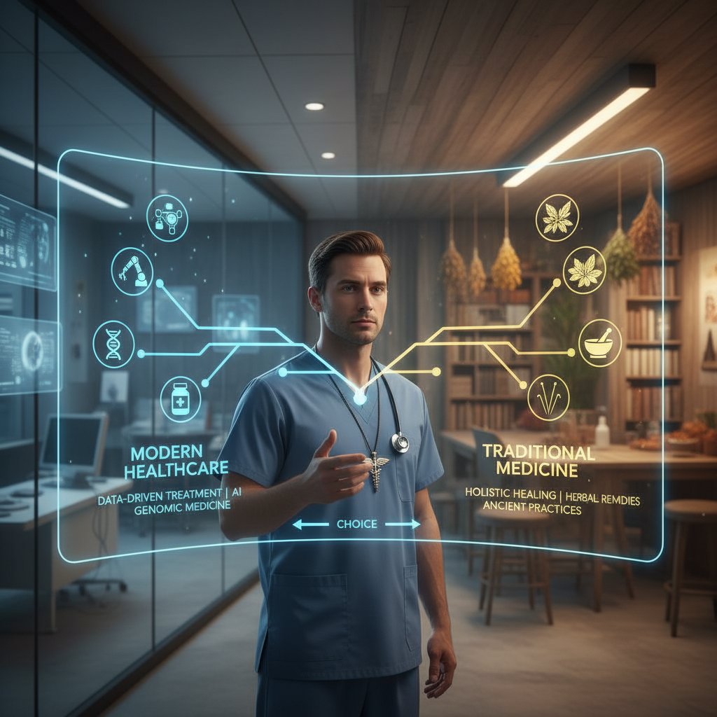 Lekarz i algorytm na ekranie komputera – metafora wyboru między tradycją a nowoczesnością