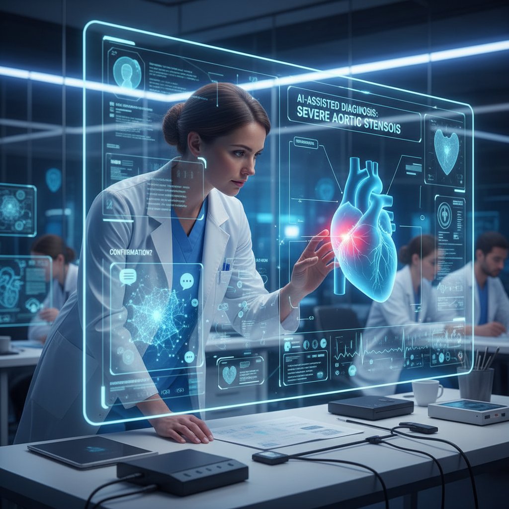 Lekarz analizujący dane na ekranie z AI, symboliczne przedstawienie wsparcia sztucznej inteligencji w diagnostyce stenozy