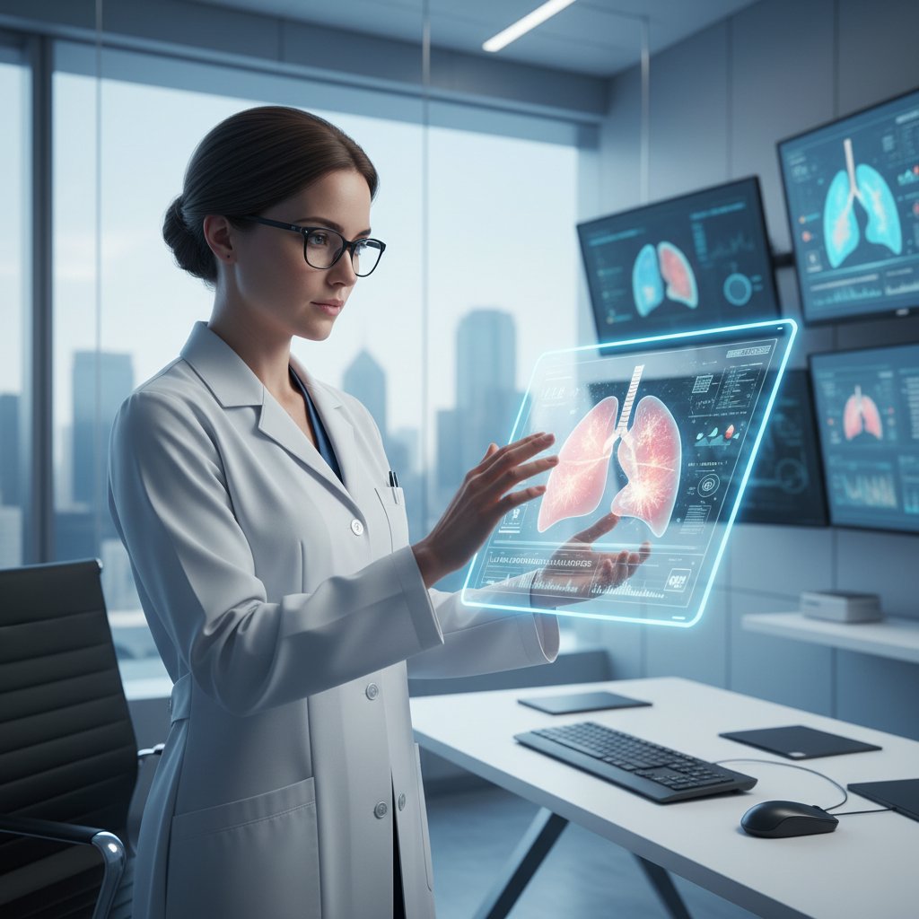 Lekarz analizujący wyniki badania płuc na tablecie, nowoczesna diagnostyka