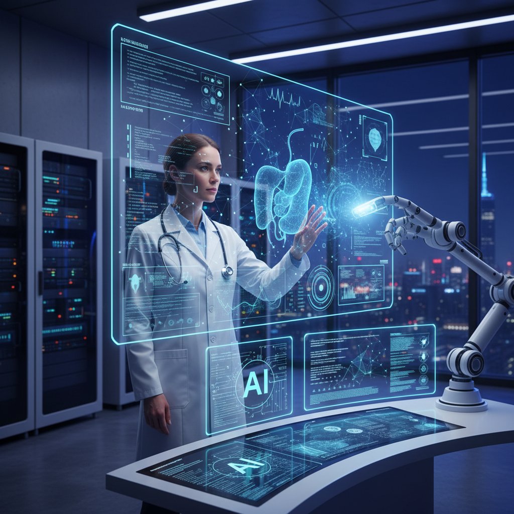 Lekarz korzystający z komputera podczas analizy danych medycznych przy pomocy AI