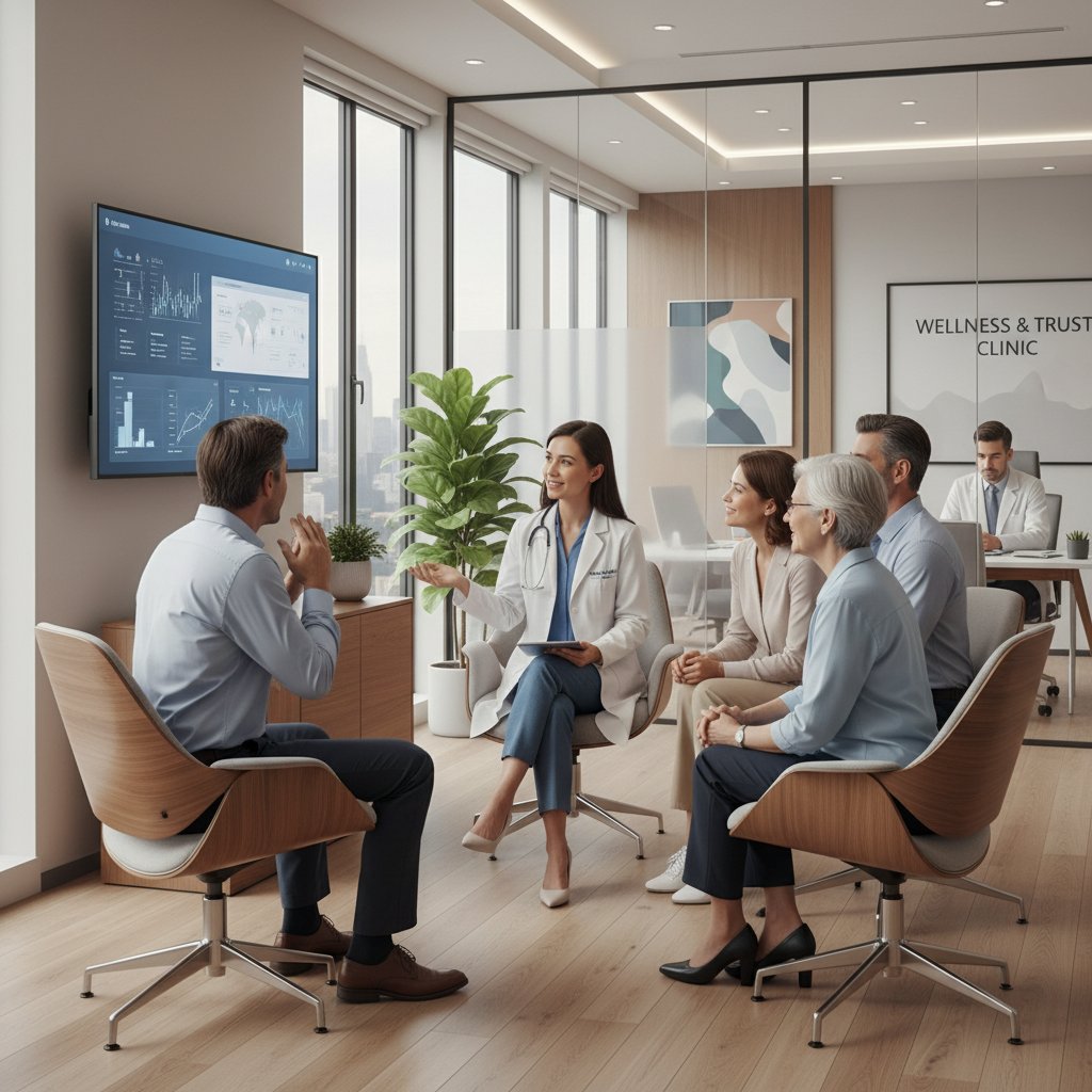 Lekarz odpowiadający na pytania pacjenta w nowoczesnym gabinecie, atmosfera zaufania