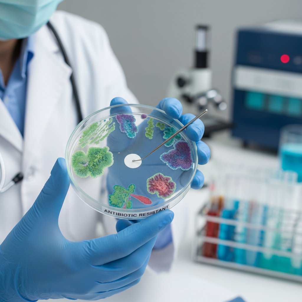 Lekarka pokazująca próbkę bakterii opornych na antybiotyki