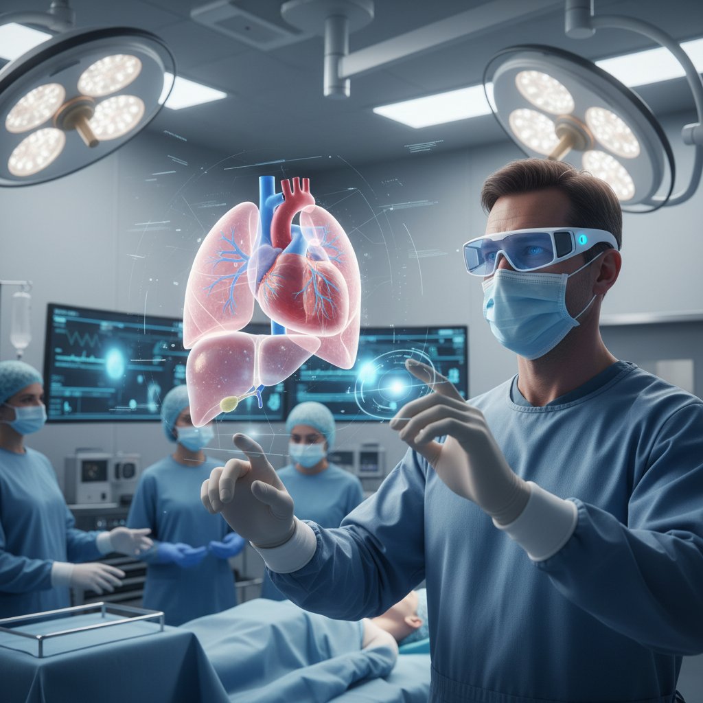 Chirurg widzący hologram 3D narządu przez okulary AR, nowoczesny blok operacyjny