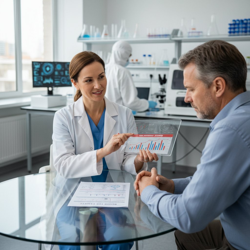 Lekarz analizujący wyniki morfologii krwi pod kątem agranulocytozy