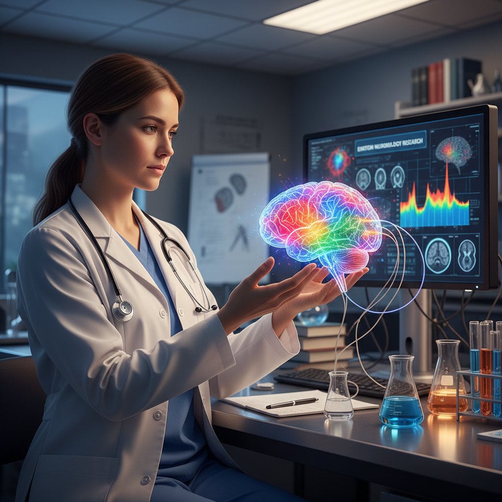 Lekarz pokazujący model mózgu na tle wykresów – neurobiologia emocji