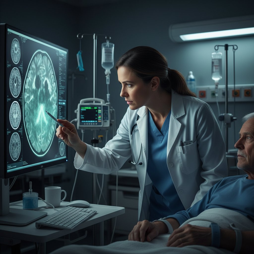 Lekarz analizujący wynik rezonansu magnetycznego mózgu pacjenta z objawami delirium