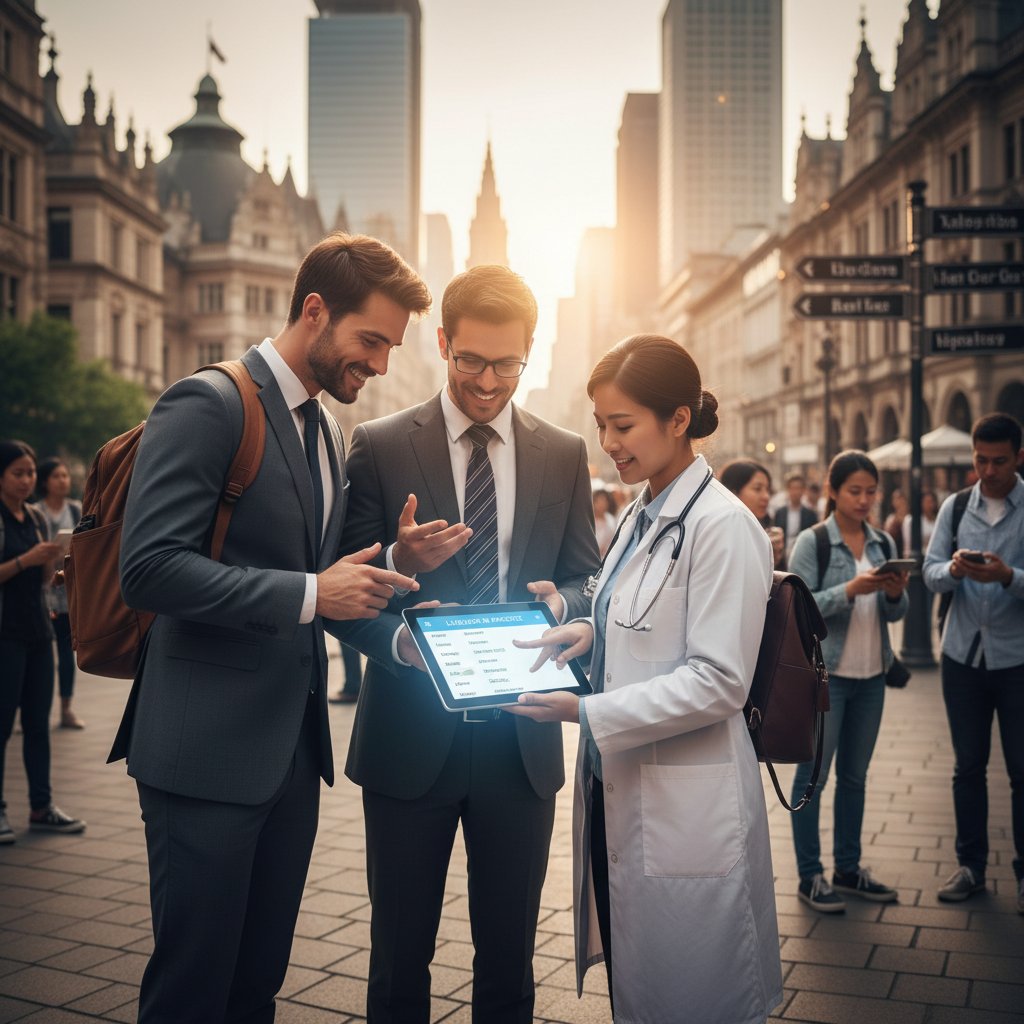 Lekarz z tabletem, biznesmen na wideokonferencji, turysta z przewodnikiem; wszyscy używają języka w praktyce