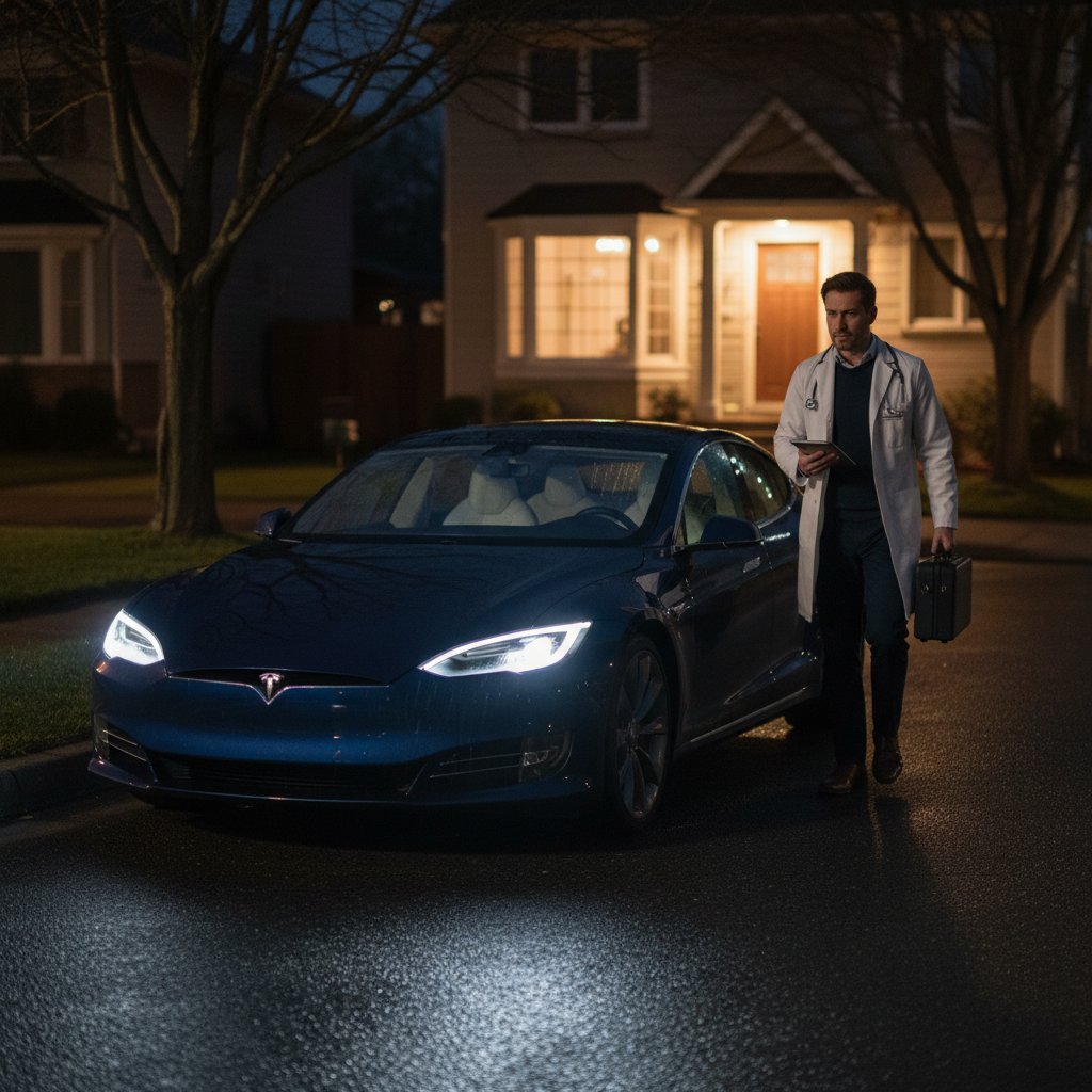 Lekarz w samochodzie podczas wyjazdu na wizytę domową, skupienie, realia pracy