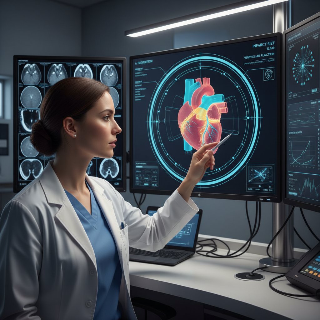 Zdjęcie lekarza analizującego wyniki rezonansu magnetycznego na ekranie komputera, nowoczesna diagnostyka serca