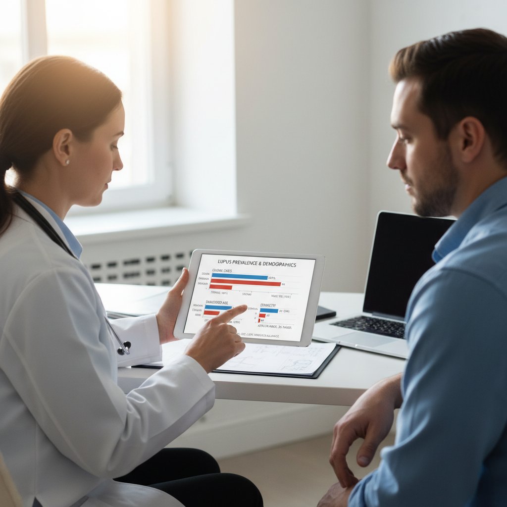 Lekarz pokazujący wykres zachorowalności na SLE, rozmowa z pacjentem
