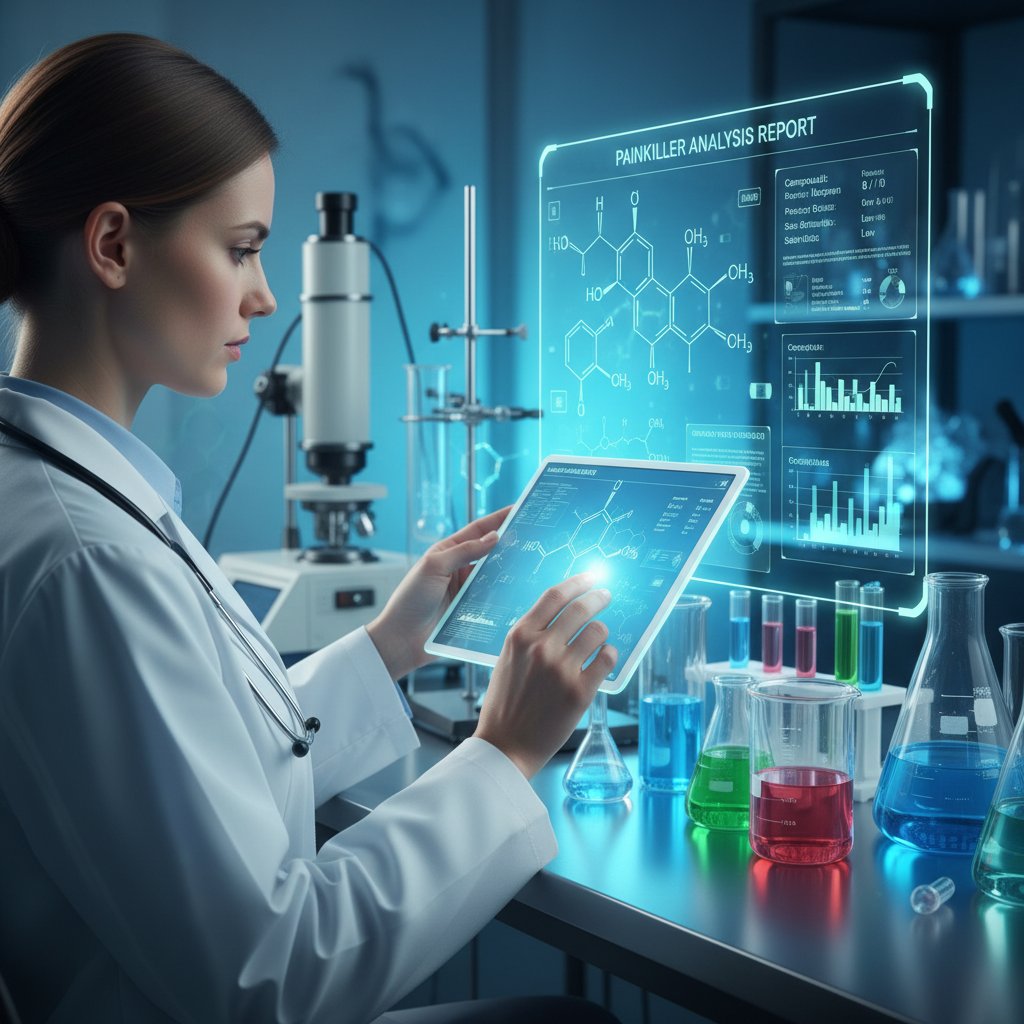 Lekarz badający strukturę chemiczną metamizolu na tablecie – wizualizacja działania leku