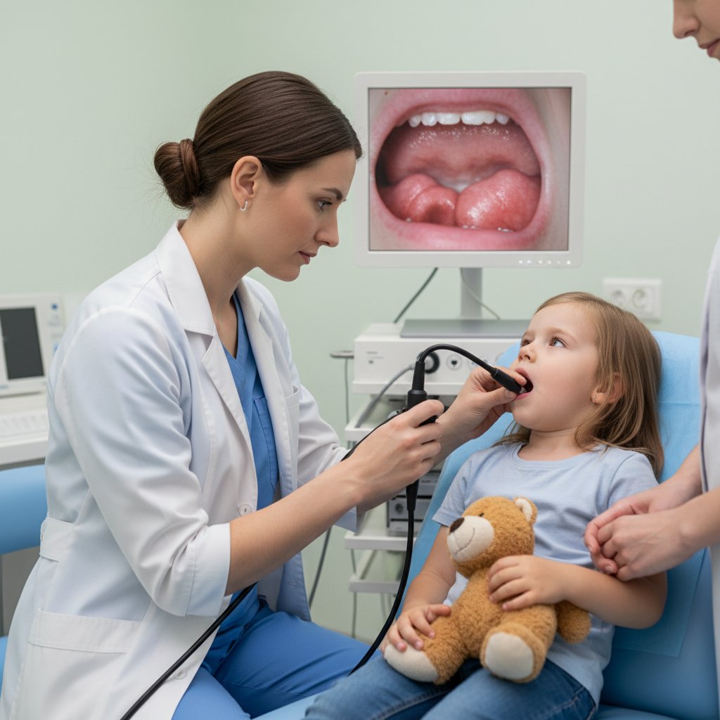 Lekarz wykonujący nowoczesną diagnostykę migdałków u dziecka