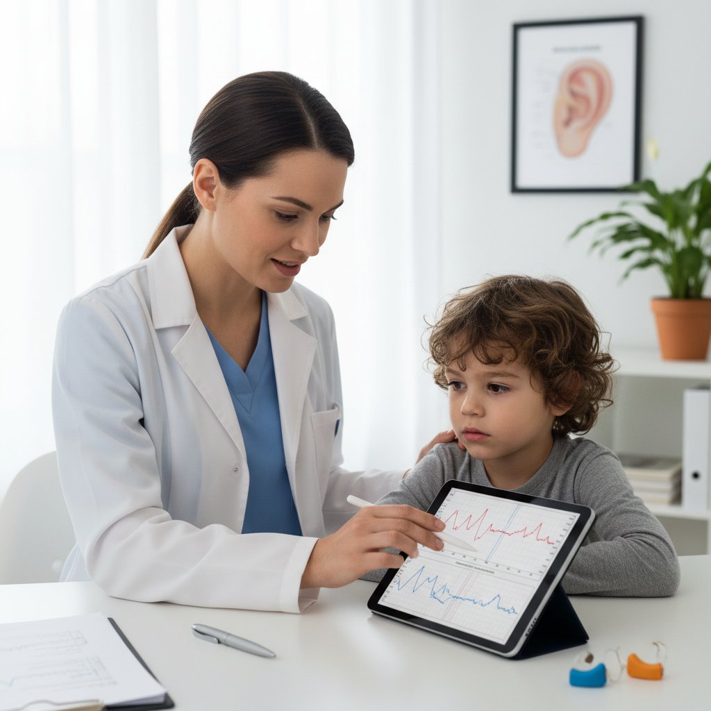 Lekarz analizujący wyniki tympanometrii u małego dziecka