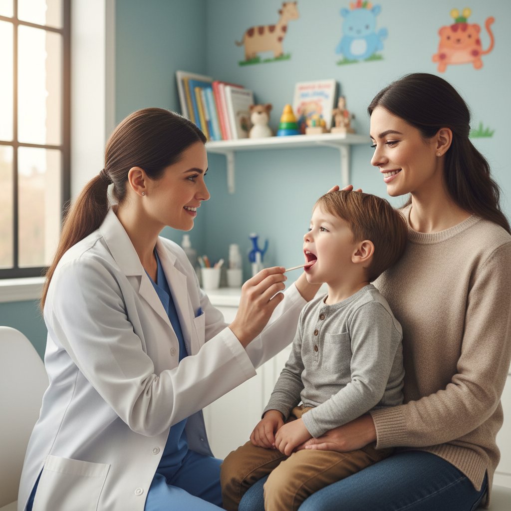 Lekarz bada gardło dziecka latarką, gabinet pediatryczny, matka trzyma dziecko