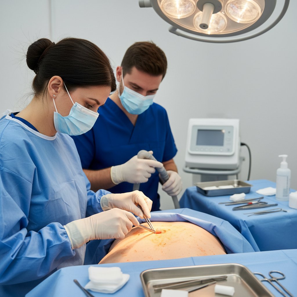 Zdjęcie z gabinetu zabiegowego w trakcie profesjonalnego usuwania kaszaka