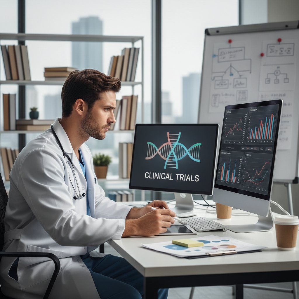 Lekarz analizujący wykres wyników badań klinicznych nad efektem placebo